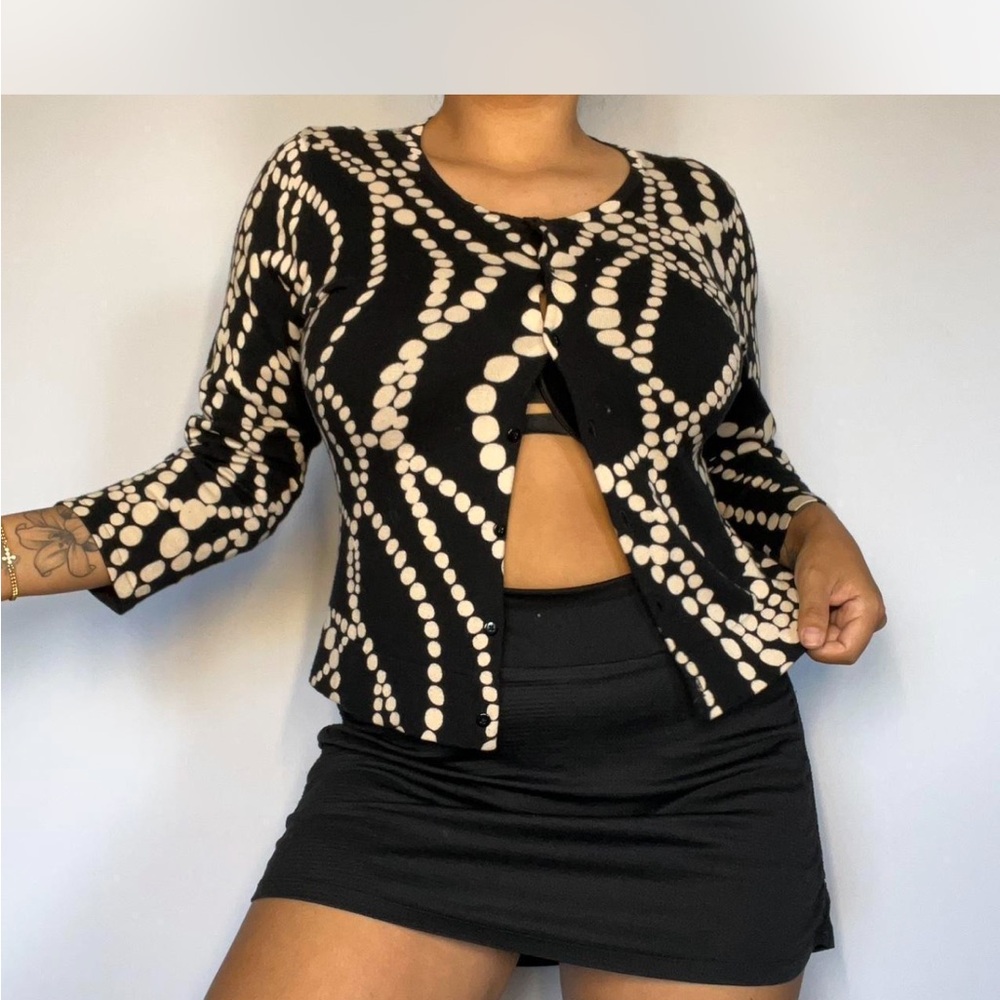 CAbi Black and Cream Polka Dot Cardigan